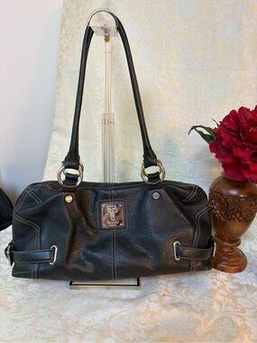 Tignanello Black Pebbled Leather Shoulder Bag with Silver Hardware